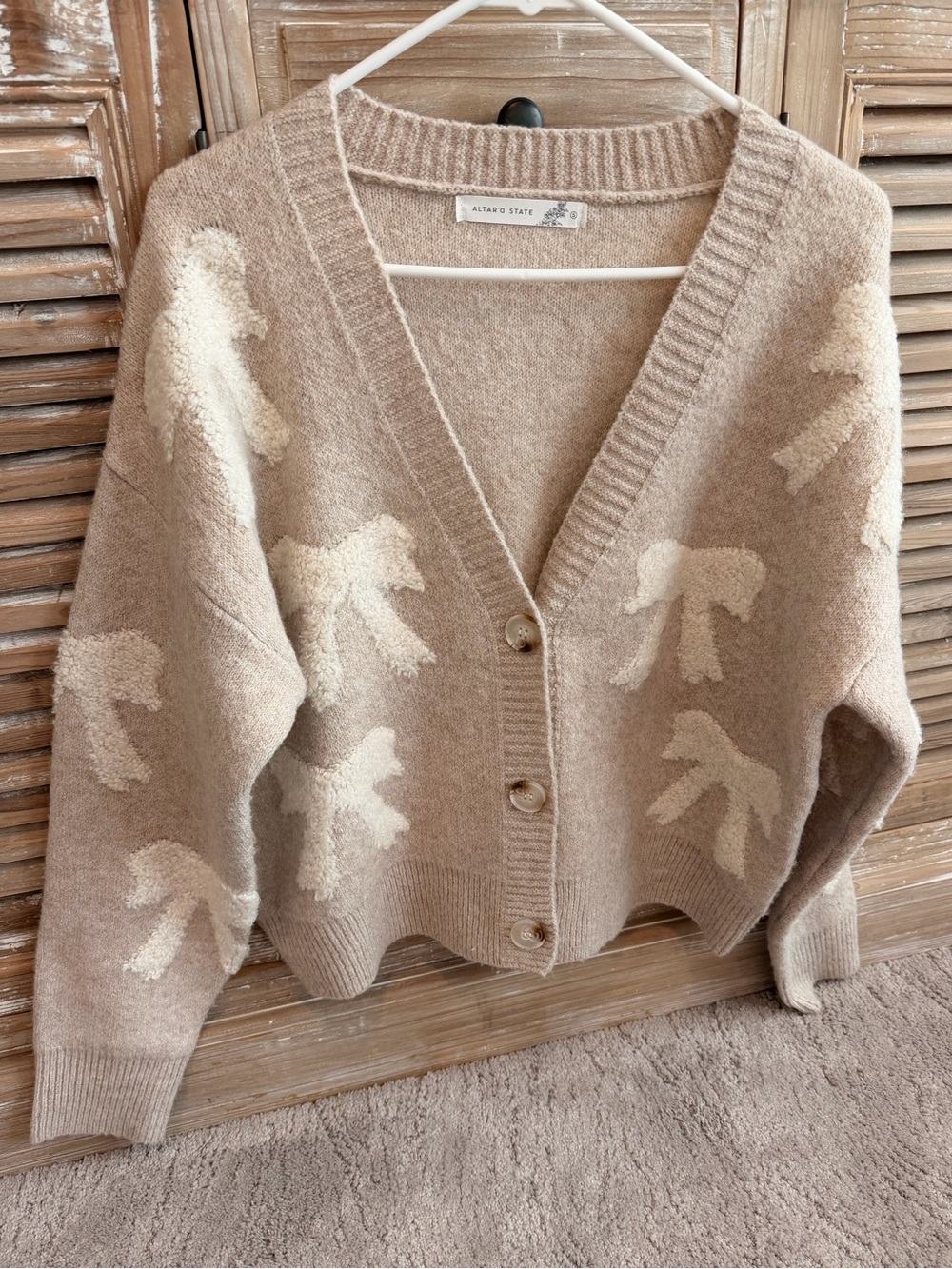 Altar'd State Bow Button Up Cropped V-Neck Cardigan Beige/Cream (Size Small)